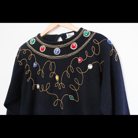 Darian | Vintage 80's Black Jeweled Long Sleeved Sweater Dress | Size Medium - Picture 4 of 10